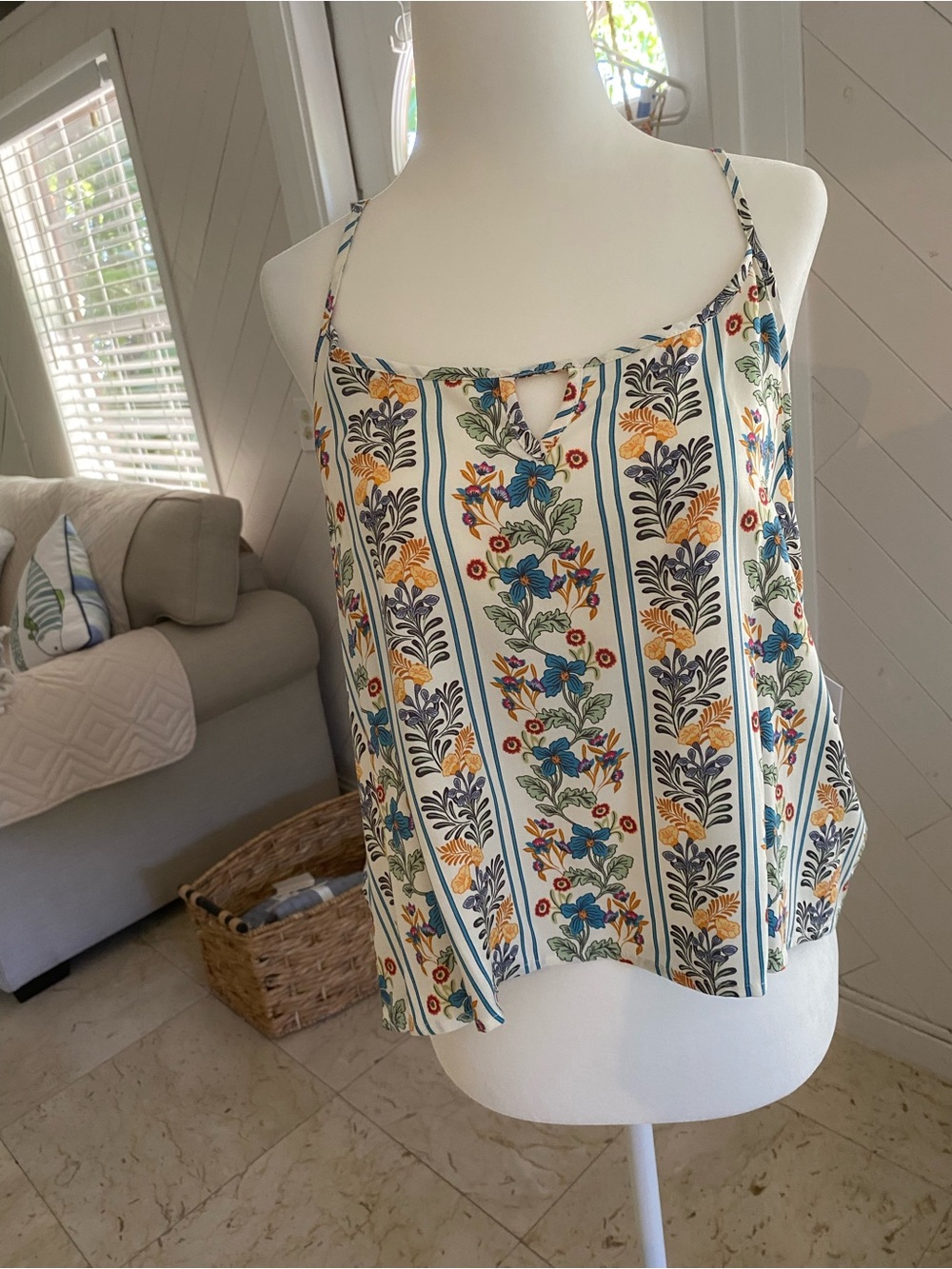 O'Neill White Floral Stripe Spaghetti Strap Tank